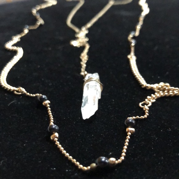 Two Strand Gold Tone Necklace With Clear Quartz Pendulum - Picture 2 of 9